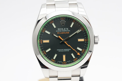 Rolex 勞力士 Milgauss 116400GV 綠玻璃雙層底蓋抗磁錶 黑色面盤 3131自動上鍊 盒單齊全 40mm